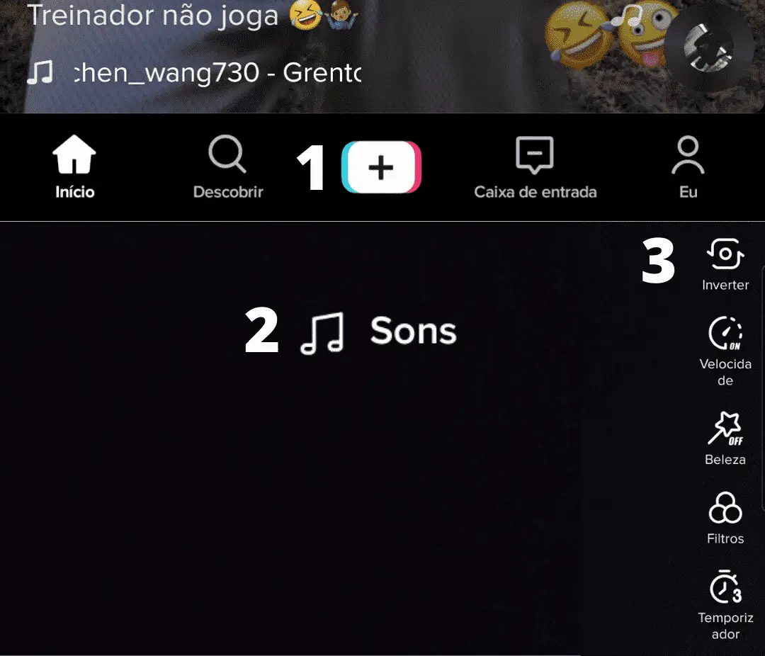 imagem mostra os três primeiros passos para iniciar um video no tiktok
