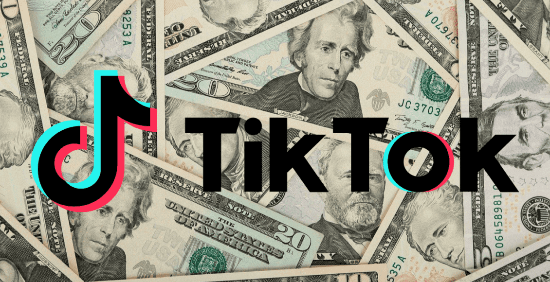 imagem mostra o logotipo do tiktok com dinheiro ao fundo