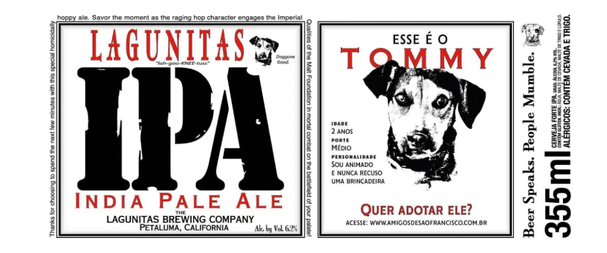 Rótulo da cerveja IPA da Lagunitas, mostrando os dados para a doação do cachorro Tommy - marcas de cerveja artesanal