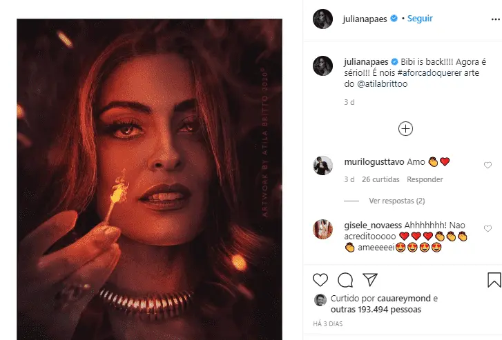 Imagem mostra instagram de Juliana paes