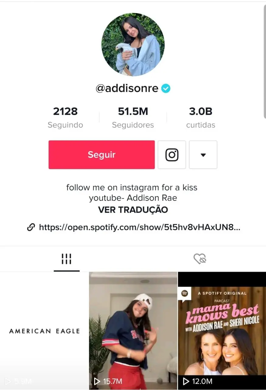 Imagem mostra o perfil de Addison com a imagem de perfil dela e três vídeos publicados 