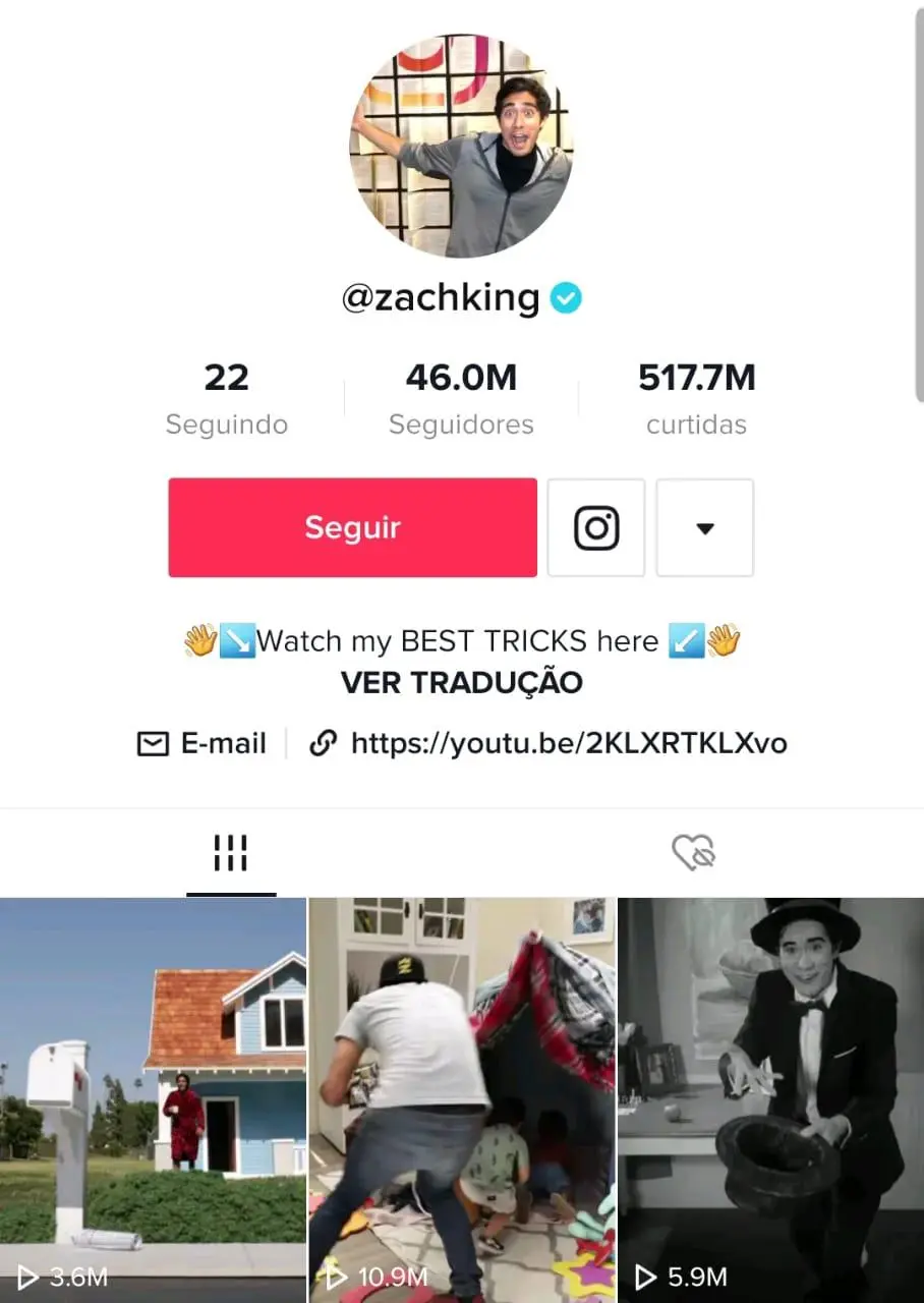 perfil de zach king no TikTok, magico com destaque para três videos dele