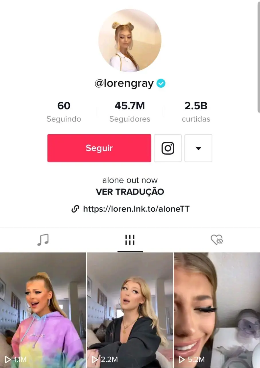 Perfil de loren gray com a foto dela em destaque, biografia e os últimos vídeos publicados no TikTok