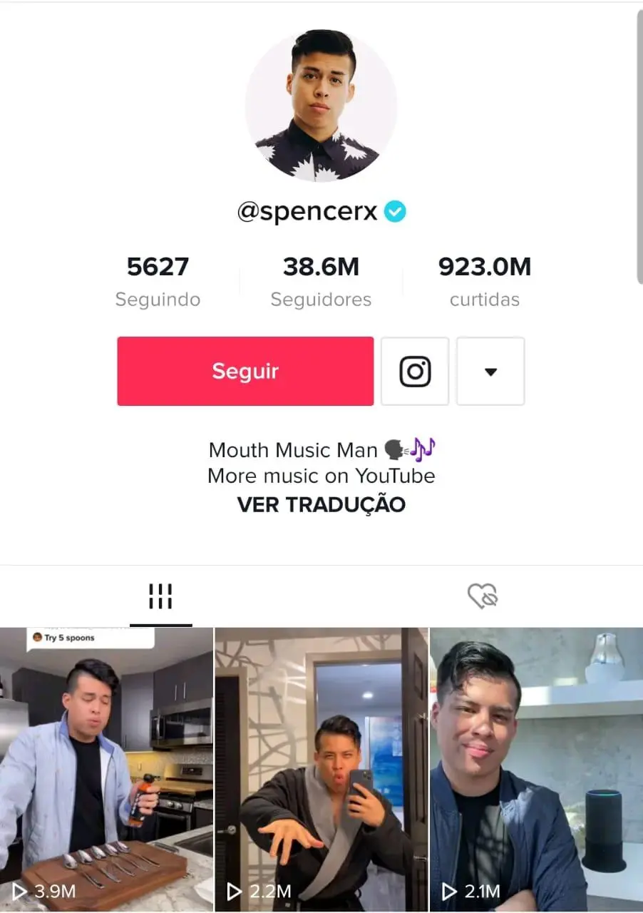 Perfil de Spencer X com a legenda dele, foto em dfestaque e ultimos três vídeos publicados