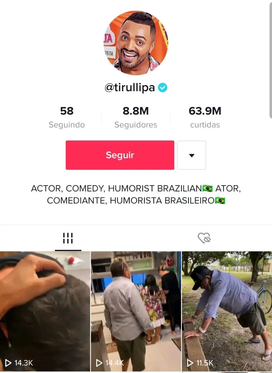 Tirullipa em destaque com a foto sorrindo, sua biografia na legenda do perfil e ultimos três vídeos publicados no TikTok