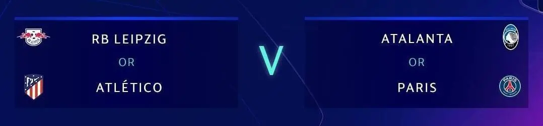 Quartas de final definidas na Champions League com os 2 jogos marcados com fundo azul