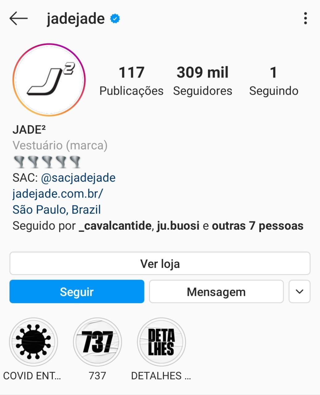 Imagem mostra o perfil no Instagram da página Jade ao quadrado