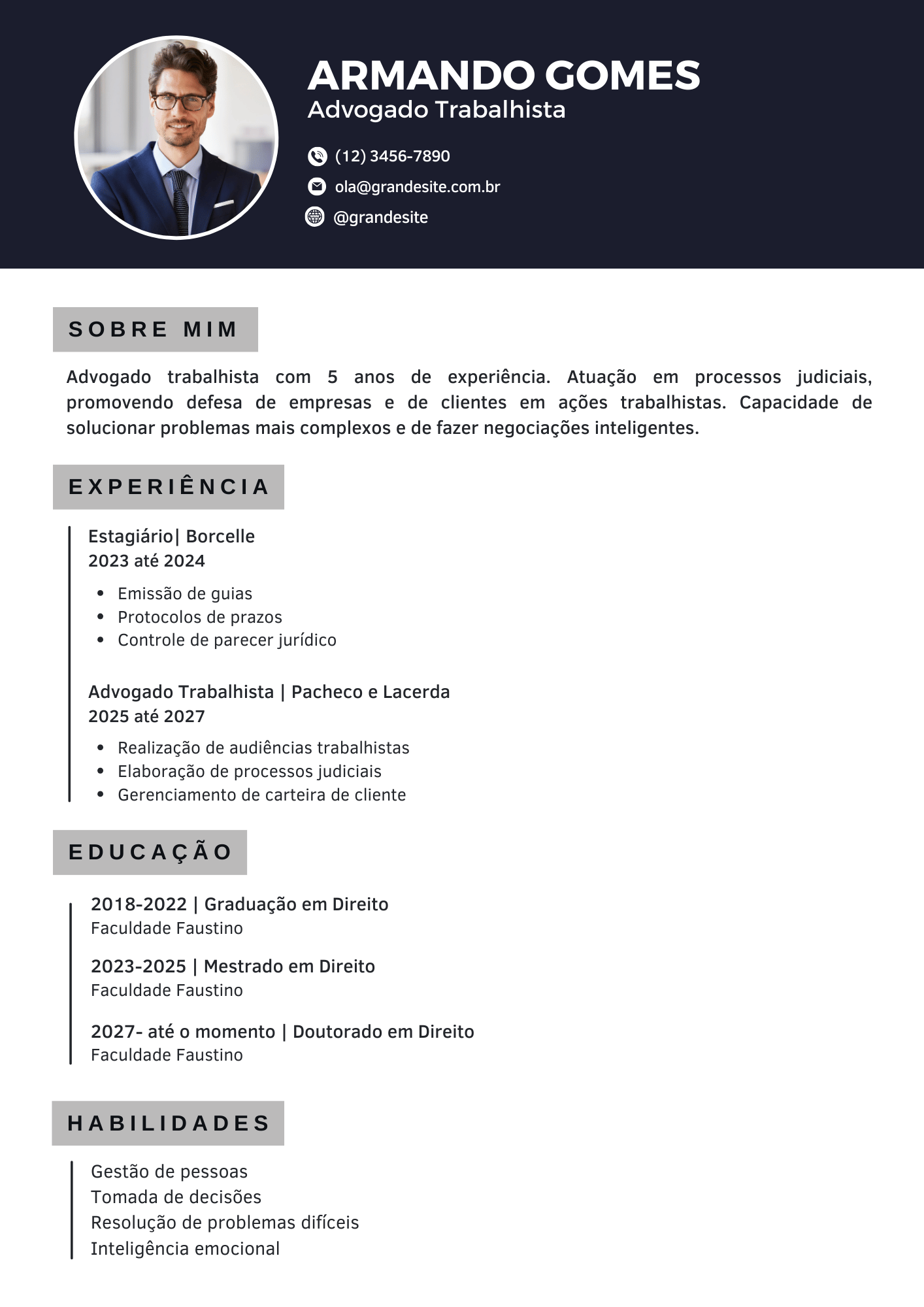 curriculo com foto profissional para advogados azul e cinza
