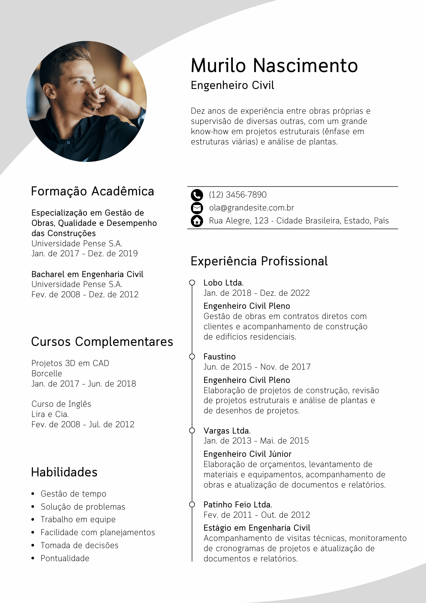 curriculo profissional engenheiro com foto moderno simples preto branco cinza
