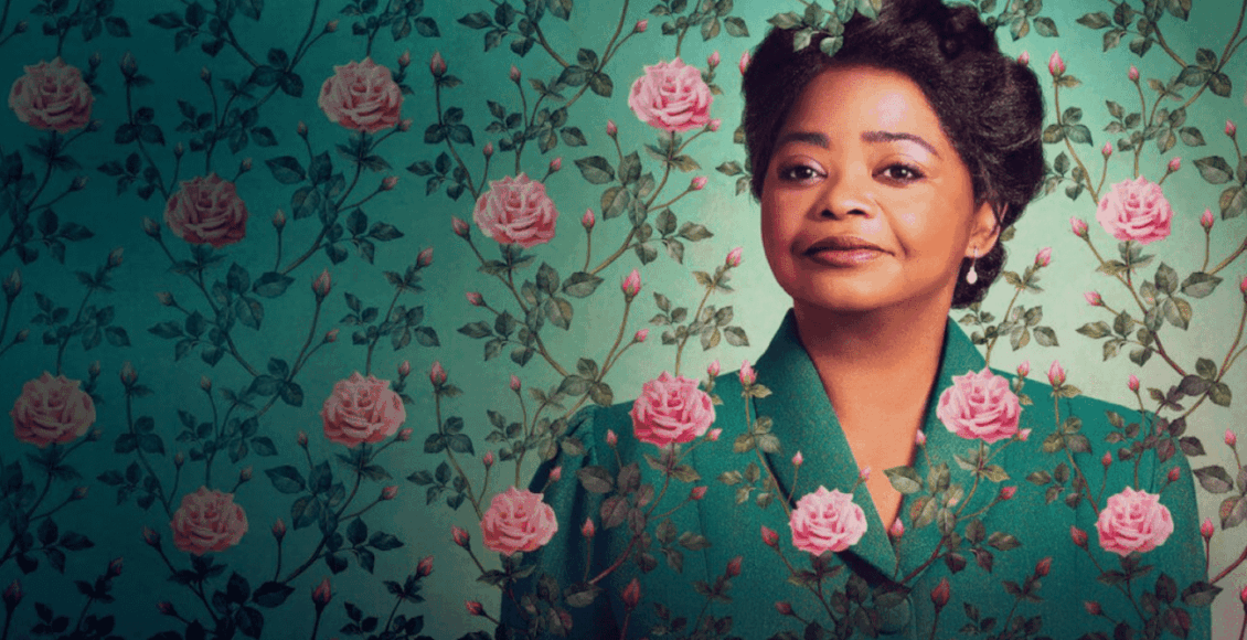 Imagem da série Madam C.J Wlaker, mostra uma mulher negra, de cabelos presos, usando uma roupa verde, em fundo verde com flores rosas.
