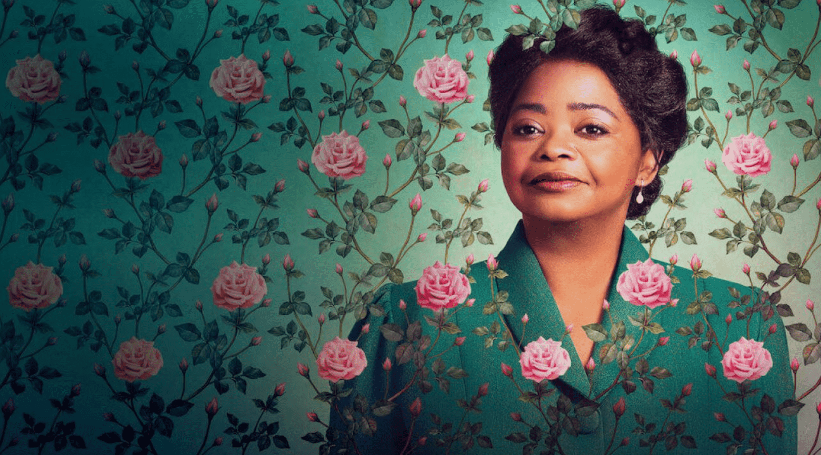 Imagem da série Madam C.J Wlaker, mostra uma mulher negra, de cabelos presos, usando uma roupa verde, em fundo verde com flores rosas.
