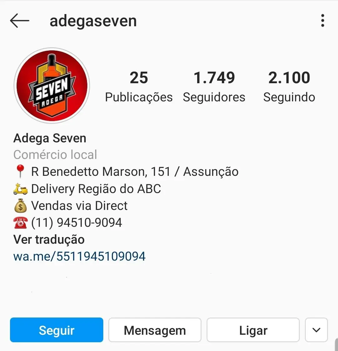 Imagem mostra o Instagram da Adega Seven