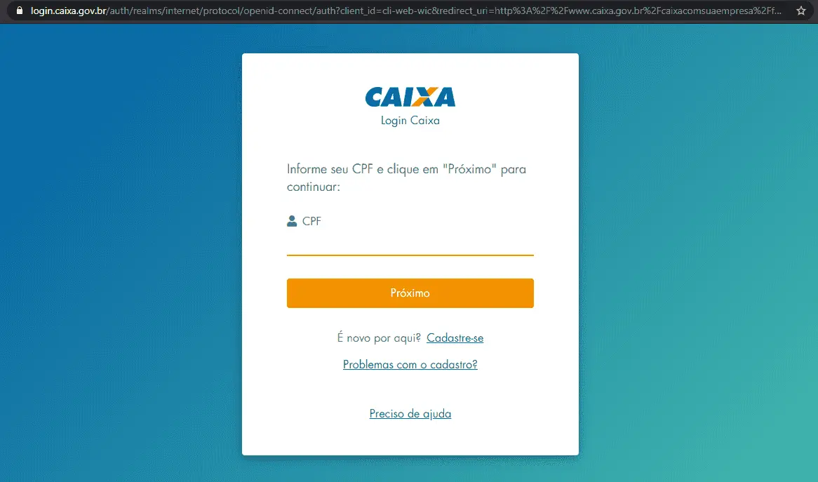 Página de login. Quadro branco, ao centro,l solicitando o CPF para login e o fundo da tela é azul.