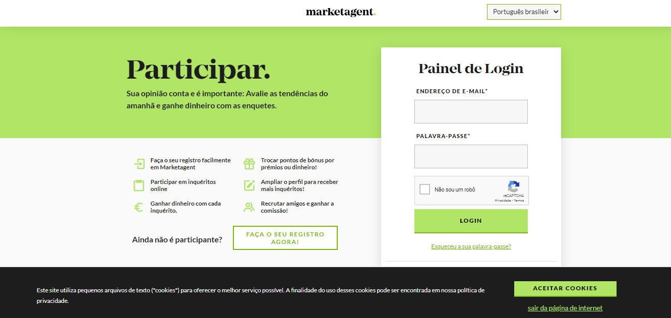 Página inicial do site de pesquisa marketagent