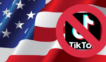 Montagem mostra o ícone do TikTok sob o sinal de proibido. Ao fundo, a bandeira dos Estados Unidos