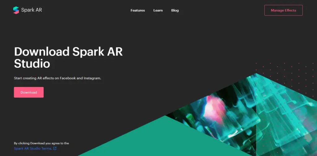 Captura de tela do site do software Spark AR Studio
