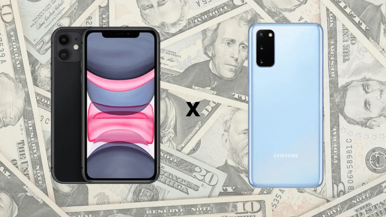 Iphone e Samsug imagem mostra dólars atras com os novos celulares na frente