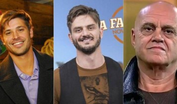 Imagem dividida em três com Dado Dolabella, Marcos Harter e Oscar Maroni em A Fazenda