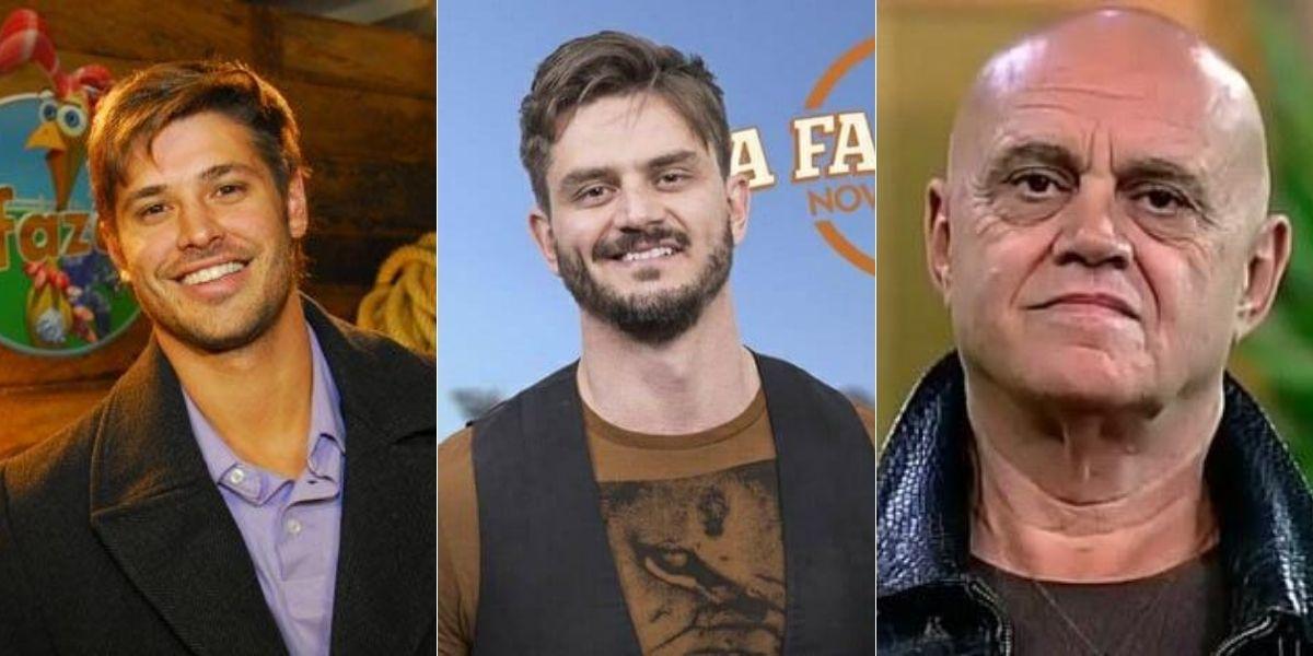 Imagem dividida em três com Dado Dolabella, Marcos Harter e Oscar Maroni em A Fazenda