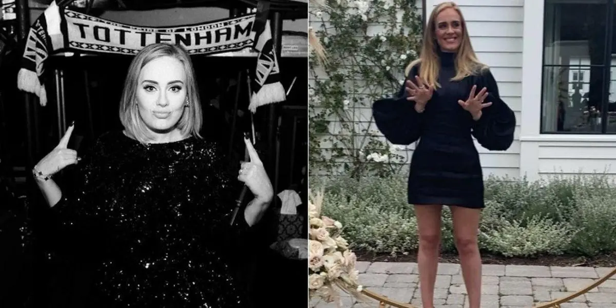 Adele posada em foto preto e branco e na outra imagem Adele aparece em pé após ter emagrecido