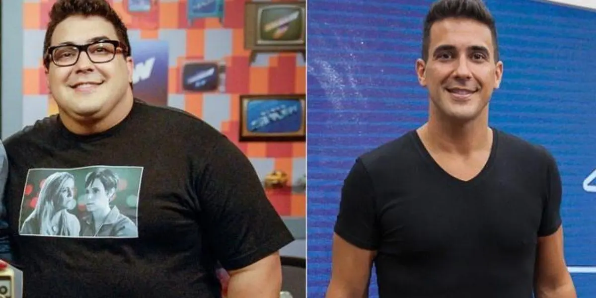 André Marques de preto em em foto dividida em antes e depois de emagrecers e