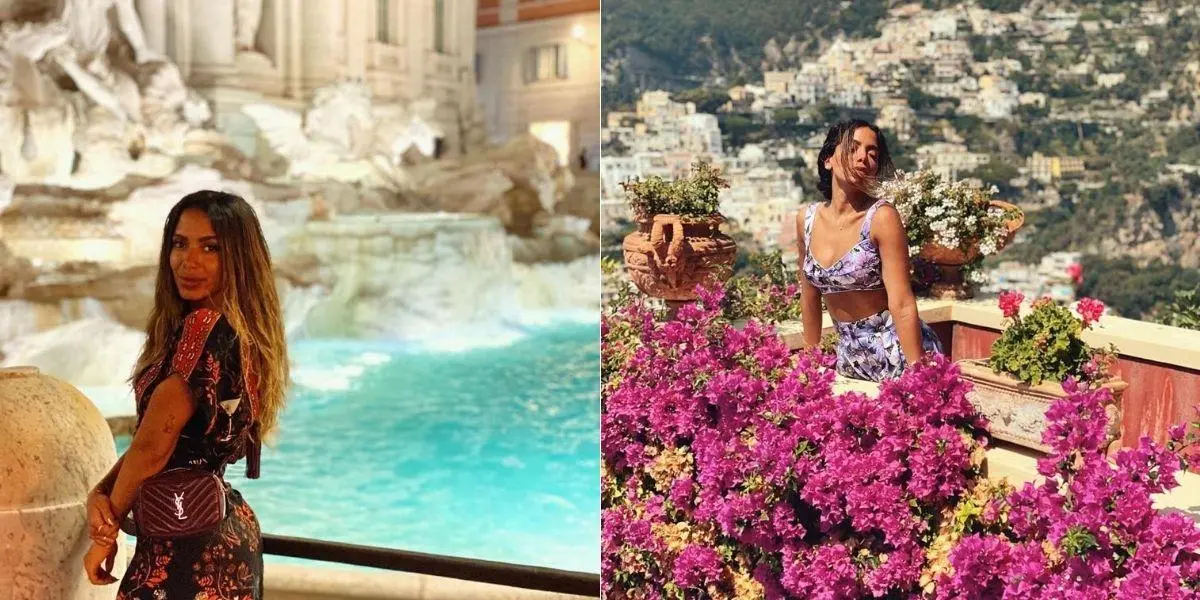 foto dividida em duas de anitta: na primeira imagem ela aparece na Fontana di Trevi, na Itália; e na segunda imagem ela está em meio a flores roxas