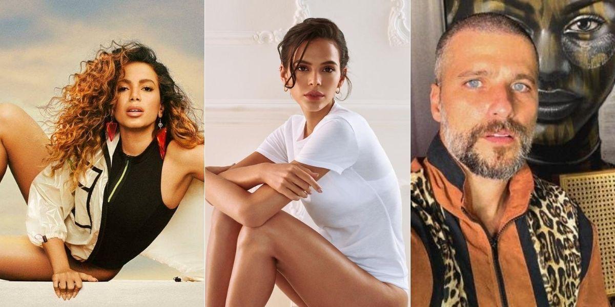 imagem dividida em três com Anitta, Bruna Marquezine e Bruno Gagliasso posados olhando para frente
