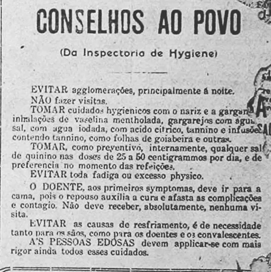 Imagem mostra uma folha escrita "Conselhos ao povo" com recomendações de proteção à população. 