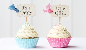Dois cupcakes, um azul e outro rosa com as plaquinhas: menino ou menina?