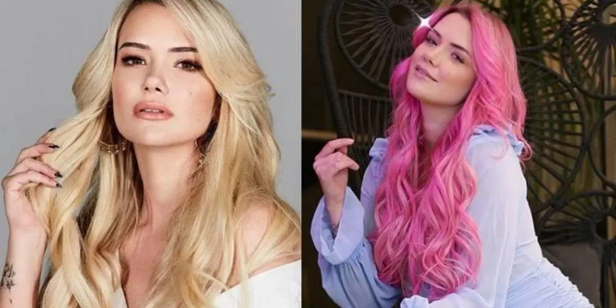 Ex-BBB Marcela em duas imagens: a primeira posada com os cabelos loiros, e a segunda com os cabelos rosas