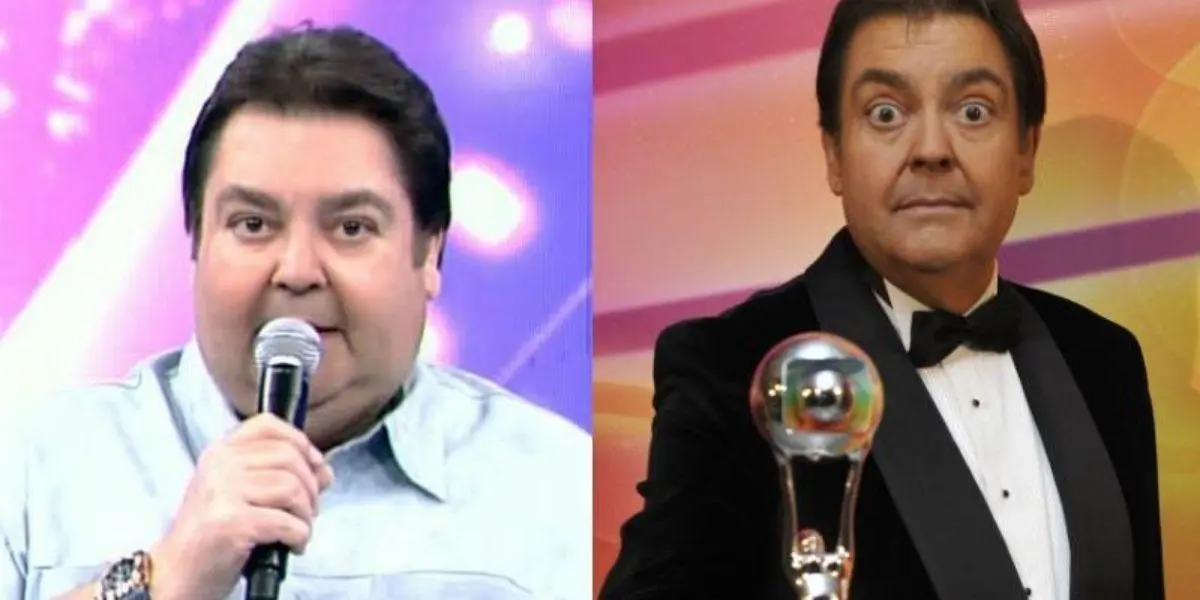 Faustão em foto dividida em duas de antes e depois de perder 40 kilos; na primeira imagem o apresentador está segurando um microfone, e na segunda o troféu do Melhores do Ano