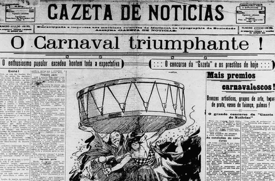 Capa do jornal gazeta de 1919, com a manchete dizendo "o carnaval triunfante".