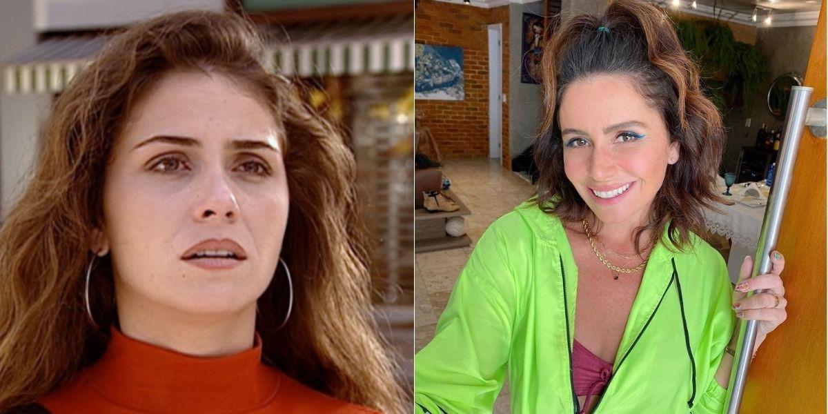 Giovanna antonelli em foto dividida em duas, como capitu, em laços de família, e atualmente em imagem posada sorrindo