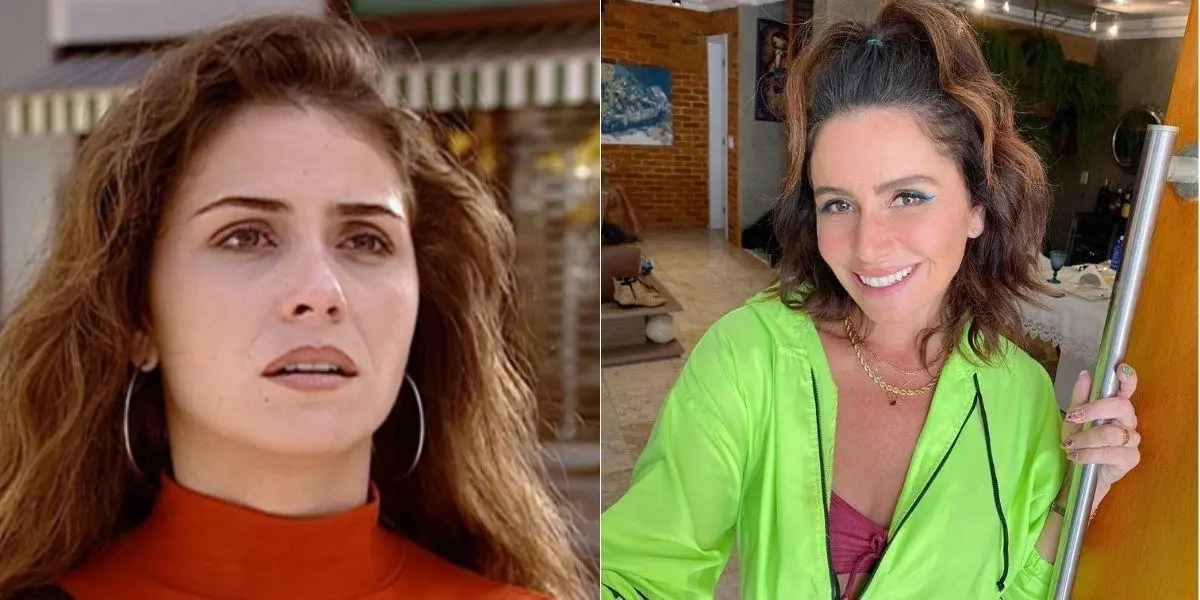 Giovanna Antonelli em foto dividida em duas, como Capitu, em Laços de Família, e atualmente em imagem posada sorrindo