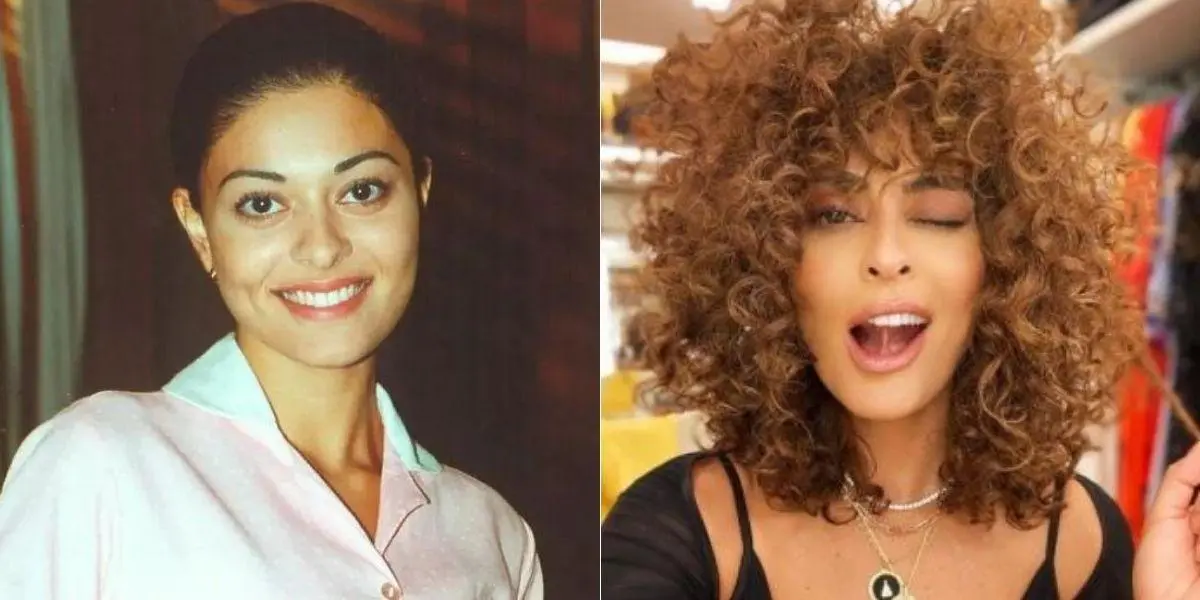 Foto dividida em duas com juliana paes posada como ritinha em "laços de família", e atualmente