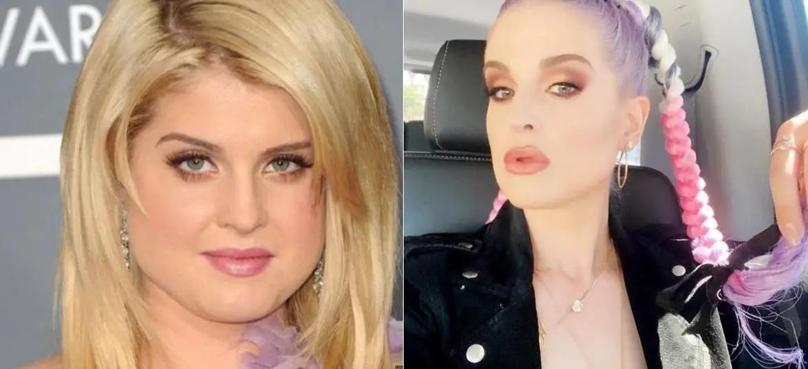 Kelly Osbourne em foto dividida em duas; na primeira imagem, a cantora aparece com cabelos loiros, e na outra, de cabelo roxo