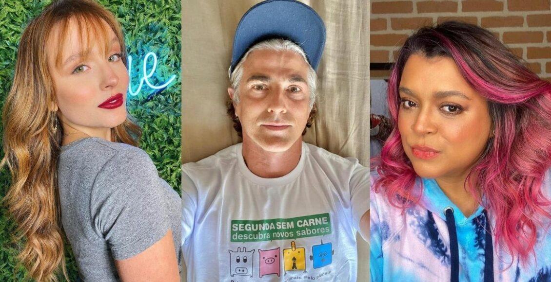 Imagem dividida em três fotos: Larissa Manoela com cabelos ruivos; Reynaldo Gianechhini com os fios brancos; e Preta Gil com os cabelos rosa