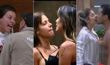 Foto divivida em três com Gabi Prado gritando, Andressa Urach e Deseni Rocha cara a cara, e Phellipe dando um beijo à força em Hariany