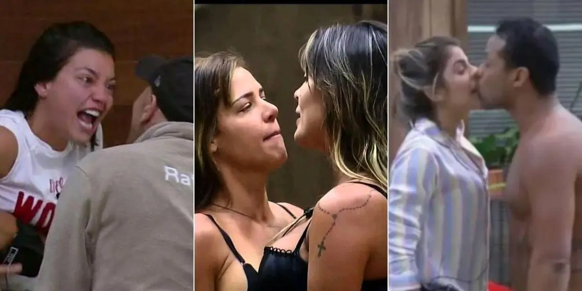 Foto divivida em três com Gabi Prado gritando, Andressa Urach e Deseni Rocha cara a cara, e Phellipe dando um beijo à força em Hariany