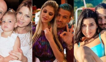 Foto dividida em três. A primeira com Xuxa, Sheila Mello e a filha, Brenda posados; a segunda com Bárbara Evans e Mateus Verdelho posados; e a terceira com Gabi Prado e João Zoli