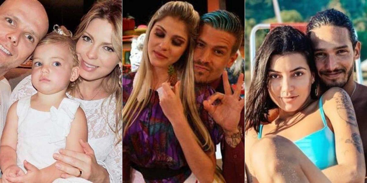 Foto dividida em três. A primeira com Xuxa, Sheila Mello e a filha, Brenda posados; a segunda com Bárbara Evans e Mateus Verdelho posados; e a terceira com Gabi Prado e João Zoli