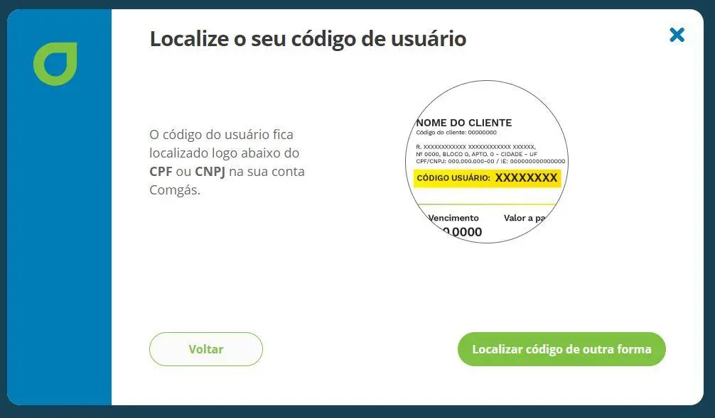 Localize seu código de usuário na parte superior da conta 2ª via comgás