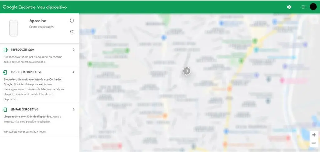 Página da web do Google Encontre meu dispositivo