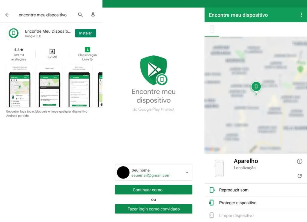 Tela do celular acessando o aplicativo "Encontre meu dispositivo"