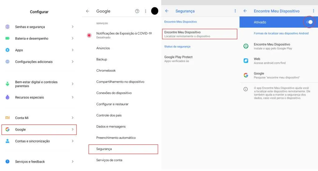 Tela do celular acessando as configurações, selecionando Google, segurança, encontrar meu dispositivo e ativando o recurso.