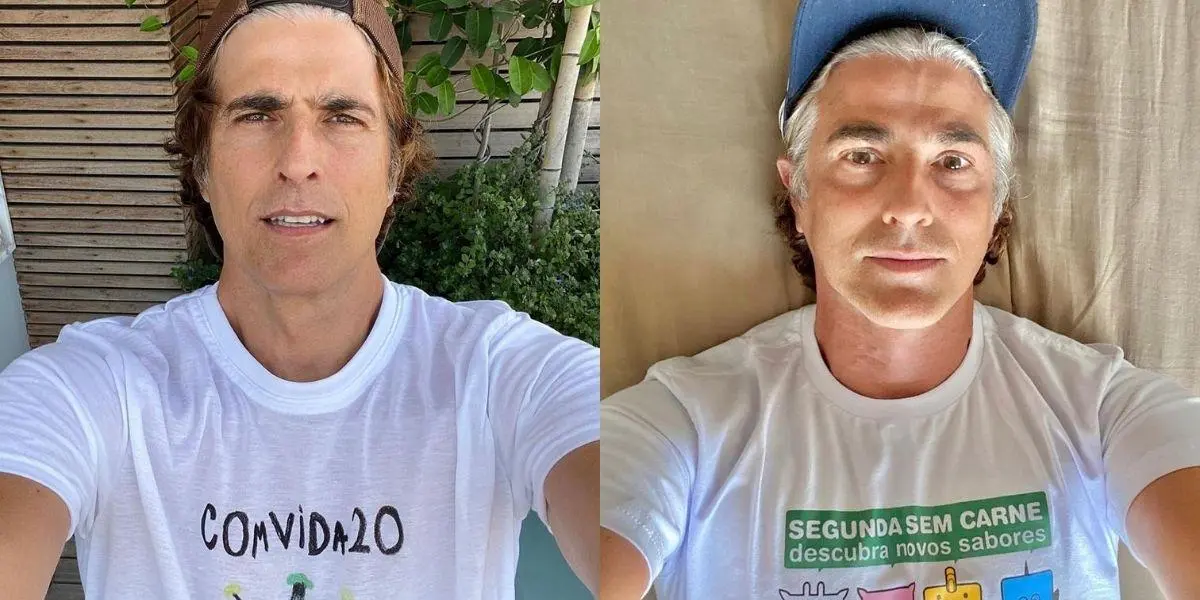 visual na quarentena - Reynaldo Gianecchini em duas fotos posado olhando para frente; à esquerda ator mostra que fios brancos estão aparecendo: à direita ele mostra os cabelos totalmente grisalhos