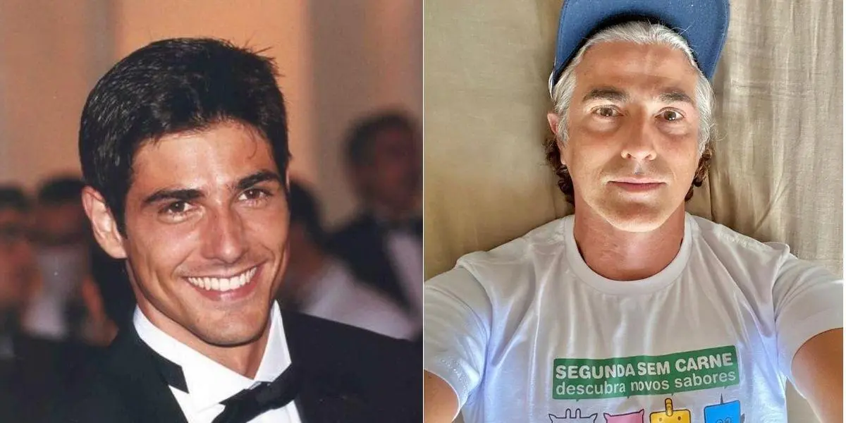 Reynaldo Gianecchini em duas fotos posado olhando para frente; à esquerda ator mostra que fios brancos estão aparecendo: à direita ele mostra os cabelos totalmente grisalhos