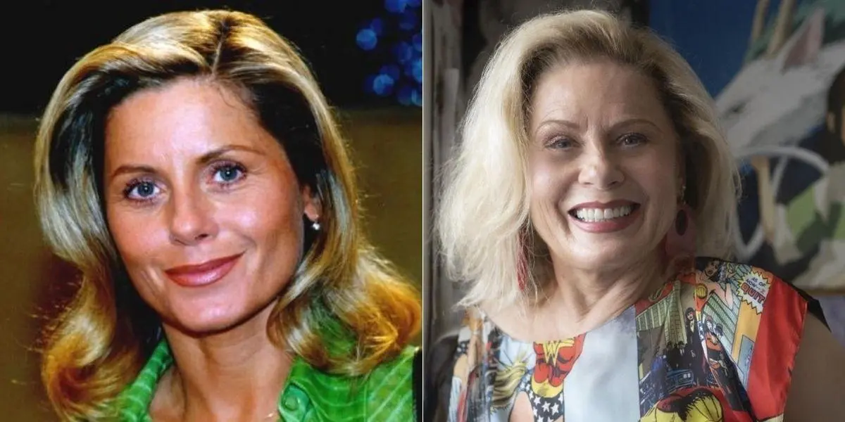 Foto dividida em duas com Vera Fischer como Helena em "Laços de Família" e atualmente posada sorrindo