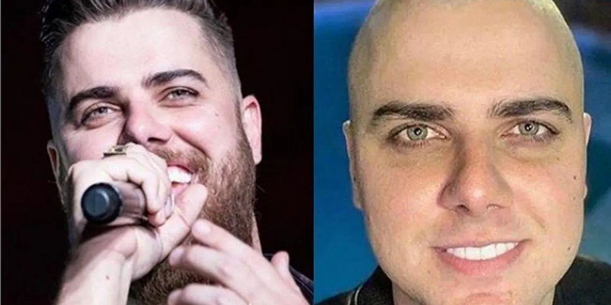 visual na quarentena- Sertanejo Zé Neto antes e depois de mudar o visual: à esquerda ele aparece com barba e cabelo, e à direita está careca e sem barba