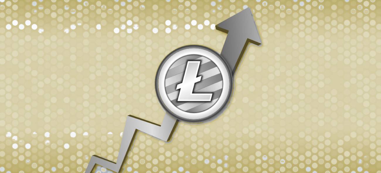 logotipo do litecoin em uma moeda prateada com seta de gráfico subindo, fundo amarelado